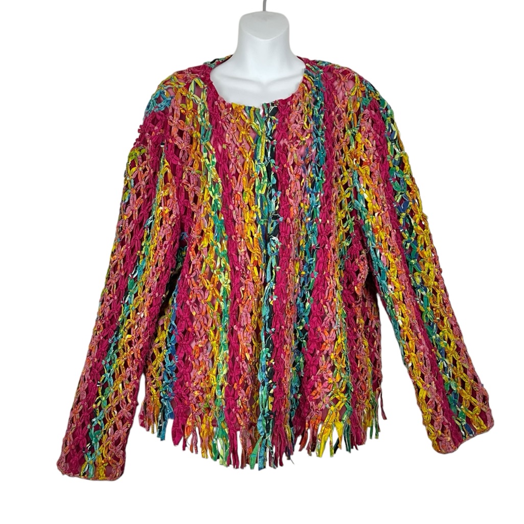 Vintage Multicolor Open-Knit Fringe Sweater Jacket - Pink, Yellow, Green, Blue